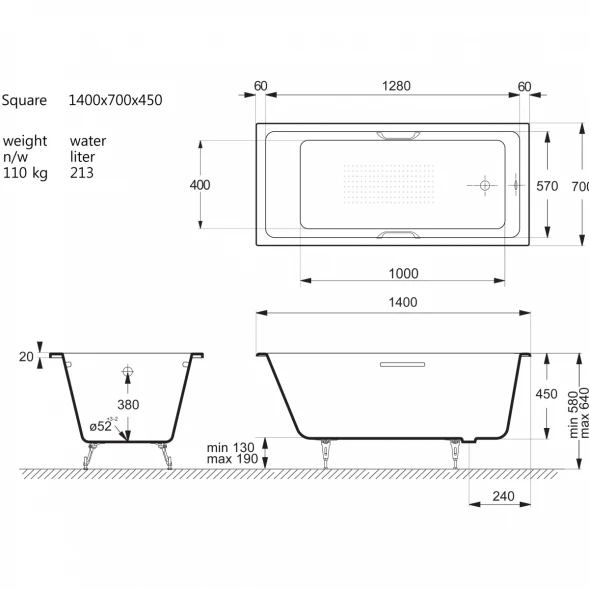 Ванна чугунная Vinsent Veron Square VSQ1407045H/VH0012CH-AS 140x70 см, с ручками, антискользящим покрытием, белый