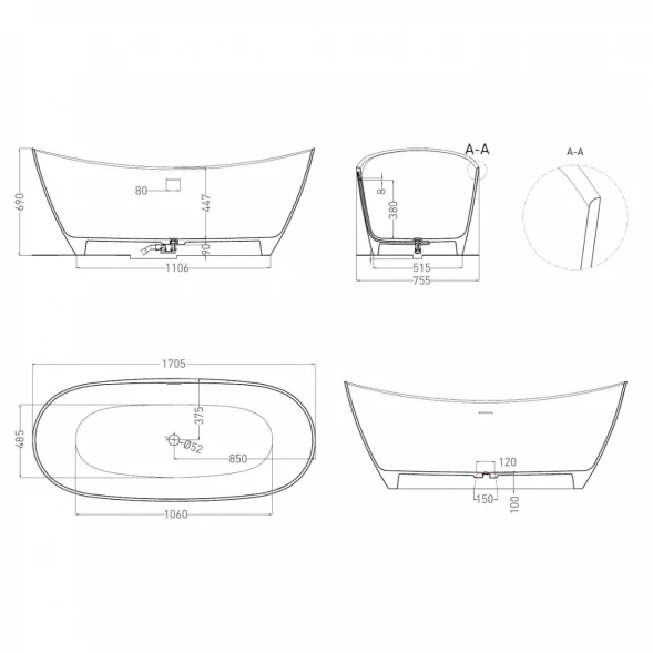 Ванна из литьевого мрамора Salini S-Stone Noemi 101722M 170,5x75,5 см, отдельностоящая, белый матовый