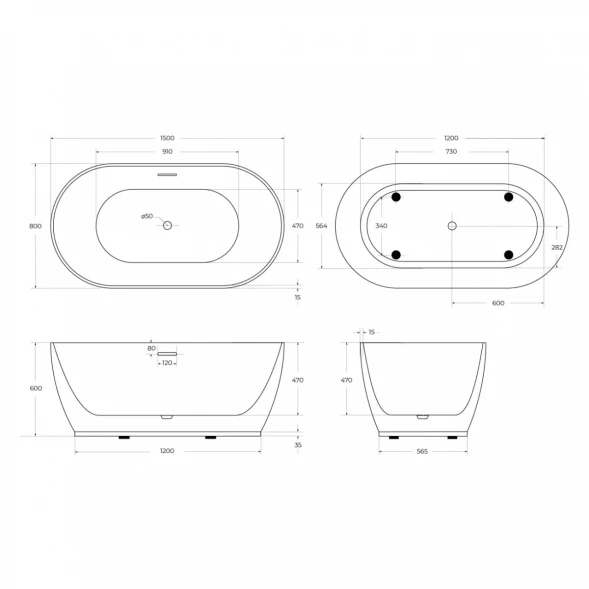 Акриловая ванна BelBagno BB413-1500-800 150x80 см, отдельностоящая, белый