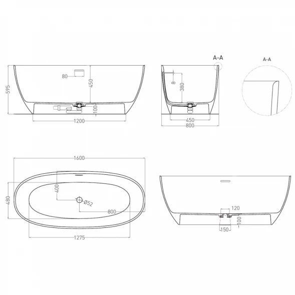 Ванна из литьевого мрамора Salini S-Sense Alda 101913G 160x80 см, отдельностоящая, белый глянец