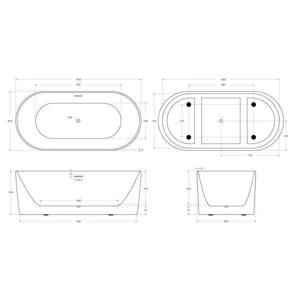 Акриловая ванна BelBagno BB411-1700-800 170x80 см, отдельностоящая, белый