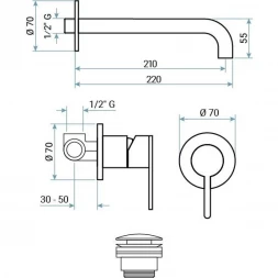 Смеситель для раковины Emmevi Filoinox 85155/IN встраиваемый, с донным клапаном, нержавеющая сталь