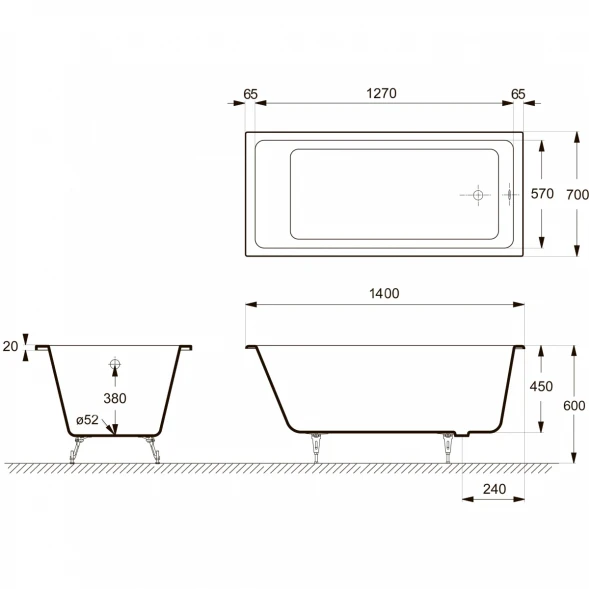 Ванна чугунная Delice Level DLR230618R-AS 140x70 см, с отверстиями под ручки, антискользящим покрытием, белый