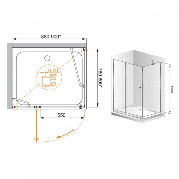 Душевой уголок Cezares Elena 90x80 см текстурное стекло ELENA-W-AH-1-90/80-P-Cr-L