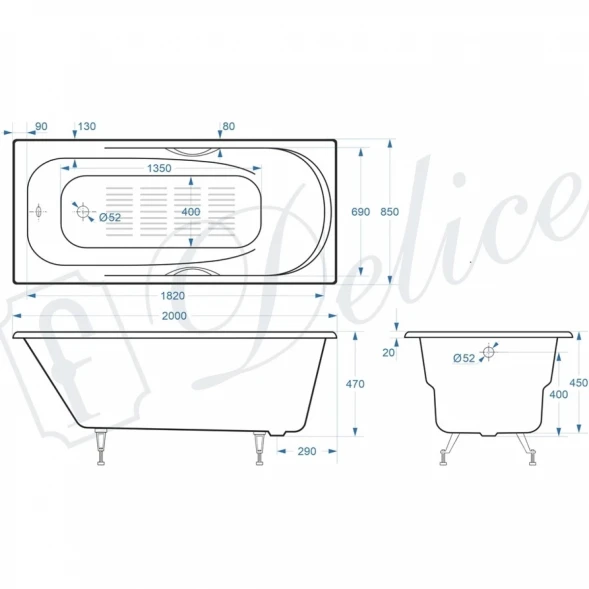 Ванна чугунная Delice Maestro DLR230646R-AS 200x85 см, с отверстиями под ручки, антискользящим покрытием, белый