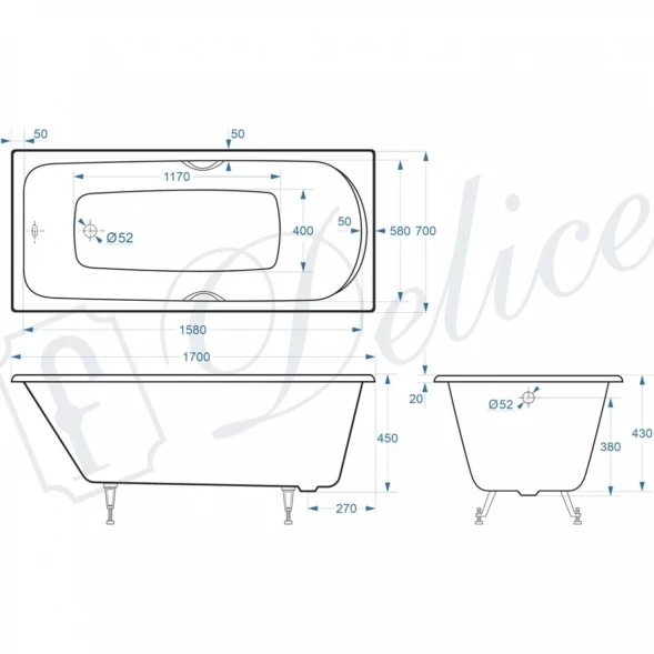Ванна чугунная Delice Fusion DLR230647R 170x70 см, с отверстиями под ручки, белый