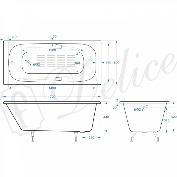 Ванна чугунная Delice Flex DLR230631R-AS 170x80 см, с отверстиями под ручки, антискользящим покрытием, белый