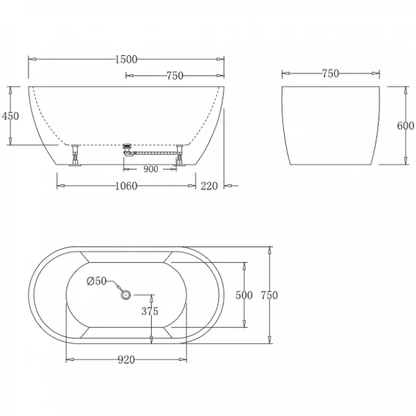 Акриловая ванна BelBagno BB70-1500-W0 150x75 см, отдельностоящая, белый