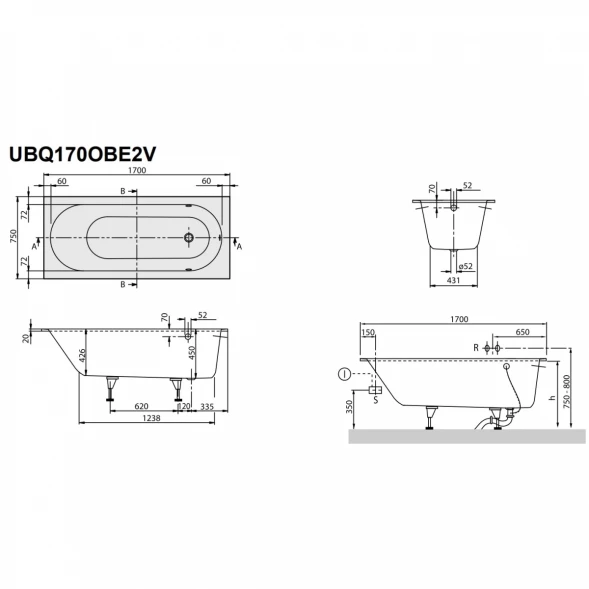 Квариловая ванна 170x75 см альпийский белый Villeroy &amp; Boch Oberon UBQ170OBE2V-01