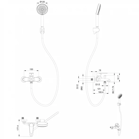 Смеситель для ванны Wonzon &amp; Woghand Alfa WW-AE3204-MB с душевым гарнитуром, черный матовый