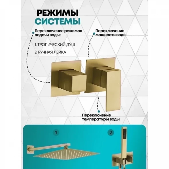 Душевой комплект Grocenberg GB5080MG 300 мм, со смесителем, золотой матовый
