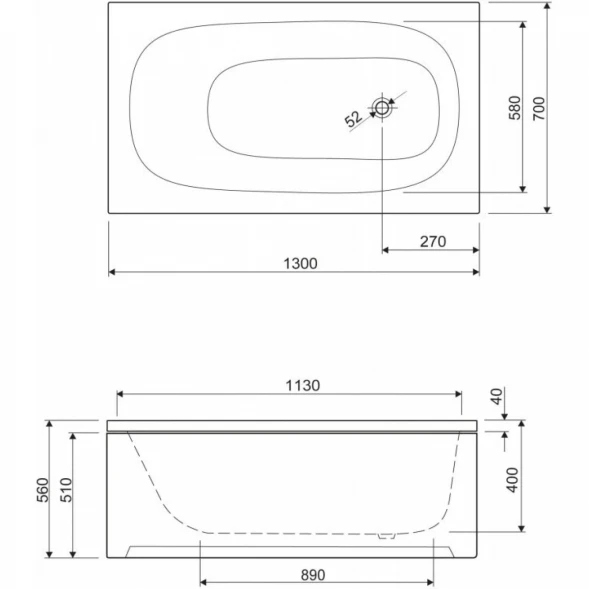 Акриловая ванна 130x70 см Cezares Eco ECO-130-70-40-W37