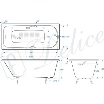 Ванна чугунная Delice Fusion DLR230647R-AS 170x70 см, с отверстиями под ручки, антискользящим покрытием, белый