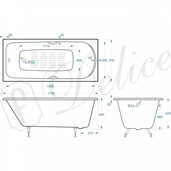 Ванна чугунная Delice Fusion DLR230647R-AS 170x70 см, с отверстиями под ручки, антискользящим покрытием, белый