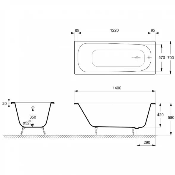 Ванна чугунная Delice Continental DLR230619R-AS 140x70 см, с отверстиями под ручки, антискользящим покрытием, белый