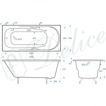 Ванна чугунная Delice Maestro DLR230646R 200x85 см, с отверстиями под ручки, белый