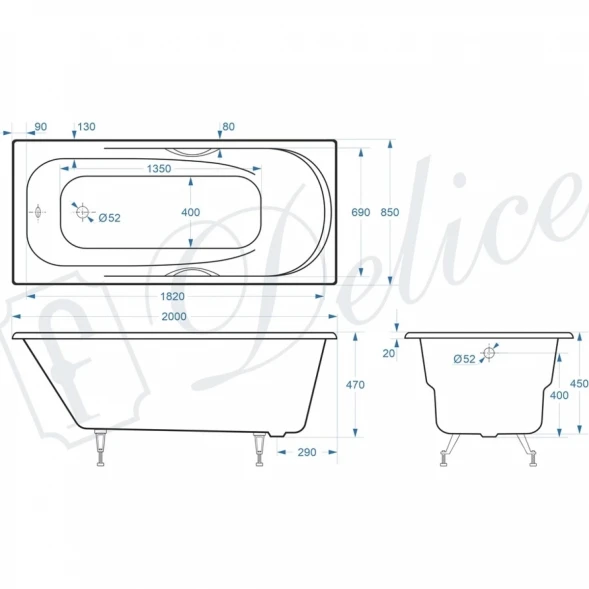 Ванна чугунная Delice Maestro DLR230646R 200x85 см, с отверстиями под ручки, белый
