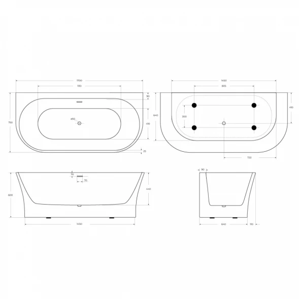 Акриловая ванна 170x75 см BelBagno BB711-1700-750