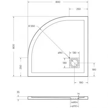Душевой поддон BelBagno Uno TRAY-MR-UNO-R-80-550-35-W-NO 80x80 см, из литьевого мрамора, четверть круга, белый