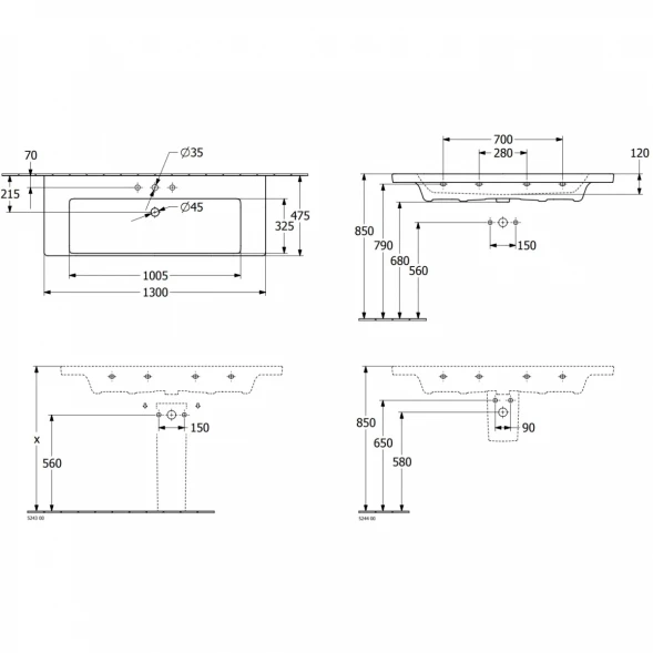 Раковина 130x47,5 см Villeroy &amp; Boch Subway 3.0 4A70D201