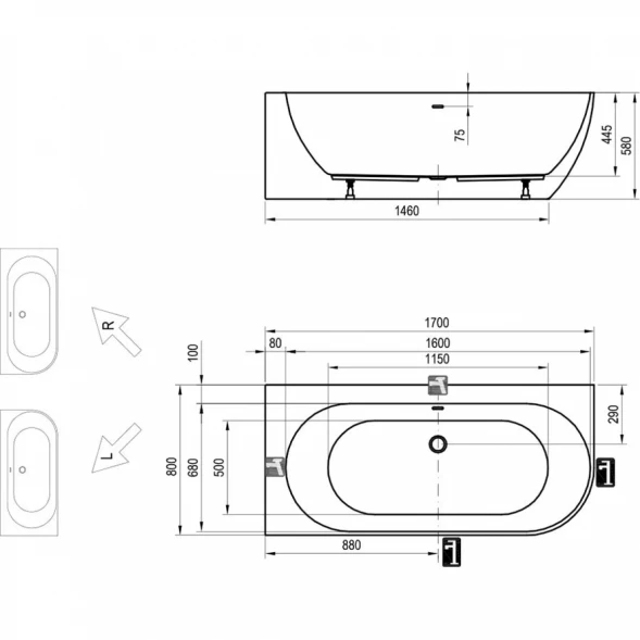 Акриловая ванна 170x80 см L Ravak Freedom Corner XC00100041
