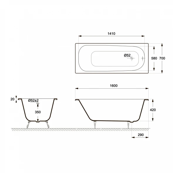 Ванна чугунная Delice Continental DLR230626R-AS 160x70 см, с отверстиями под ручки, антискользящим покрытием, белый