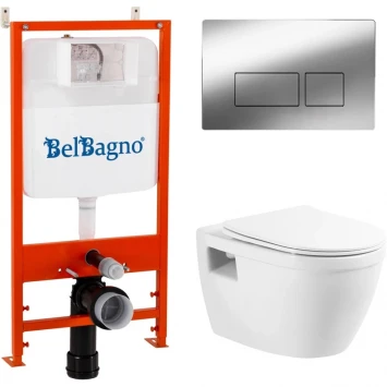 Комплект инсталляция с унитазом BelBagno BB070CHR/SC/BB026/BB041CR с кнопкой смыва, хром + унитаз подвесной BelBagno Loto безободковый, с сиденьем микролифт, белый