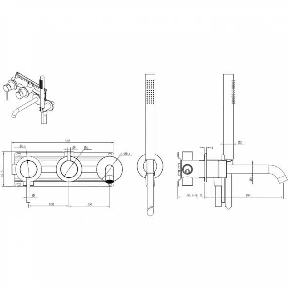 Смеситель для ванны Abber Wasser Kreis 316 AF8130BG встраиваемый, с душевым гарнитуром, Золото матовый