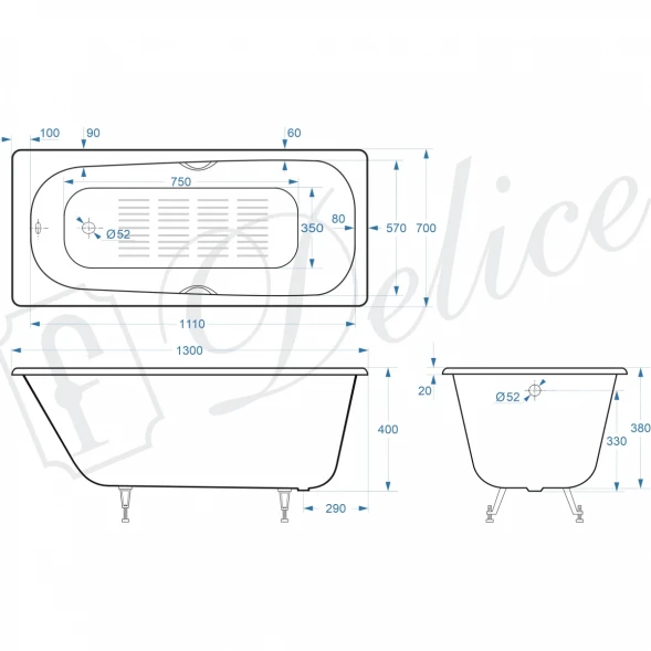 Ванна чугунная Delice Continental DLR230641R-AS 130x70 см, с отверстиями под ручки, антискользящим покрытием, белый
