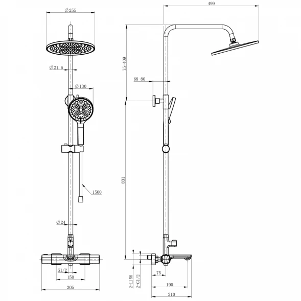Душевая система Wonzon &amp; Woghand Solid WW-C3011-A-CR 255 мм, с термостатом, хром