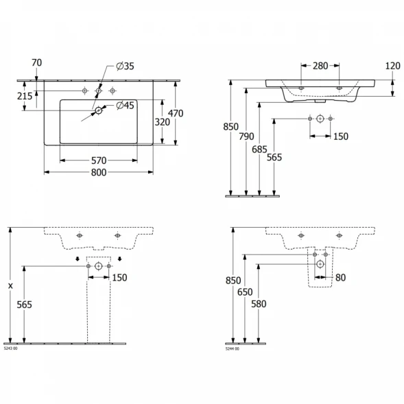 Раковина 80x47 см Villeroy &amp; Boch Subway 3.0 4A708101