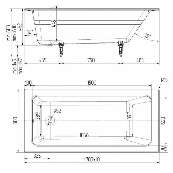 Ванна чугунная Delice Parallel DLR220502-AS 170x80 см, с антискользящим покрытием, белый