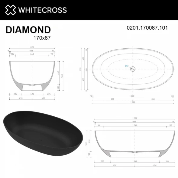 Ванна из литьевого мрамора Whitecross Diamond 0201.170087.201 170x87 см, отдельностоящая, черный матовый