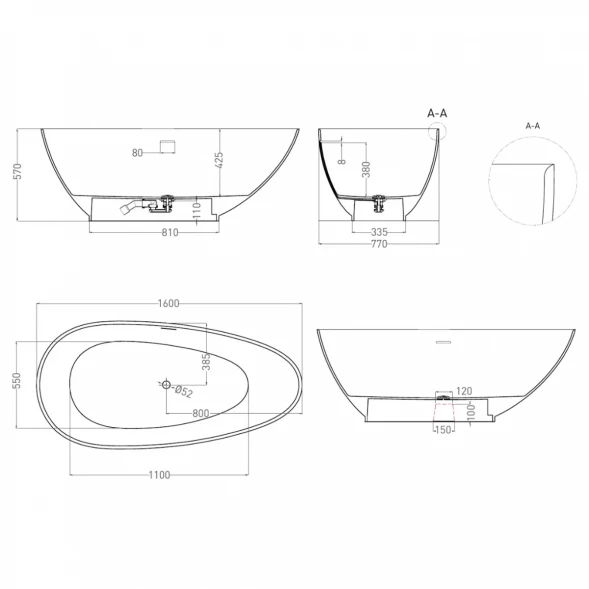 Ванна из литьевого мрамора Salini S-Sense Paola Classic 101511G 160x77 см, отдельностоящая, белый глянец