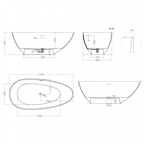 Ванна из литьевого мрамора Salini S-Stone Paola Classic 101512SM 172x82,5 см, отдельностоящая, белый матовый