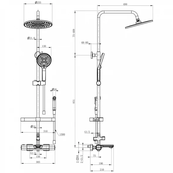 Душевая система Wonzon &amp; Woghand Solid WW-C3011-A1-CR 255 мм, с термостатом, хром