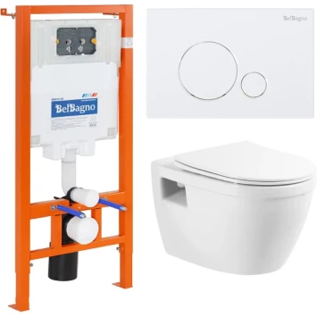 Комплект инсталляция с унитазом BelBagno Sfera BB070CHR/SC/BB002-80/BB014-SR-BIANCO с кнопкой смыва, белый + унитаз подвесной BelBagno Loto безободковый, с сиденьем микролифт, белый