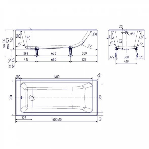 Ванна чугунная Delice Parallel DLR220504-AS 160x70 см, с антискользящим покрытием, белый