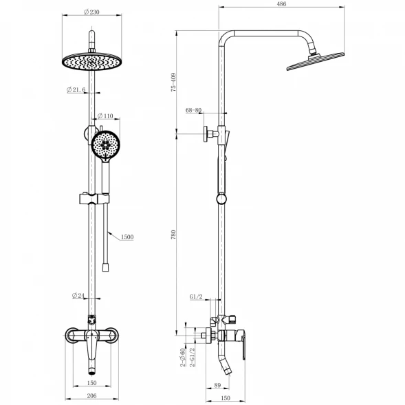 Душевая система Wonzon &amp; Woghand WW-B2168-A-CR 230 мм, со смесителем, хром