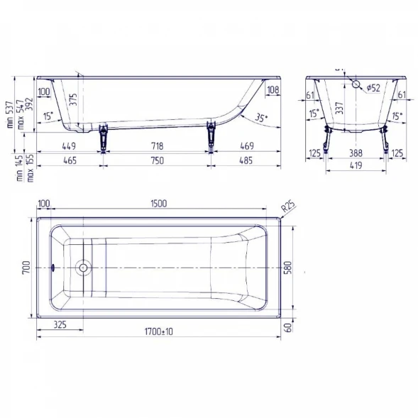 Ванна чугунная Delice Parallel DLR220505R-AS 170x70 см, с ручками, антискользящим покрытием, белый