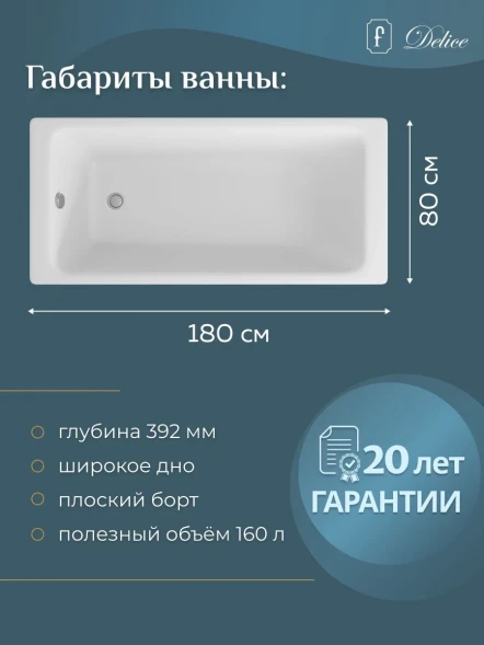 Ванна чугунная Delice Parallel DLR220506-AS 180x80 см, с антискользящим покрытием, белый
