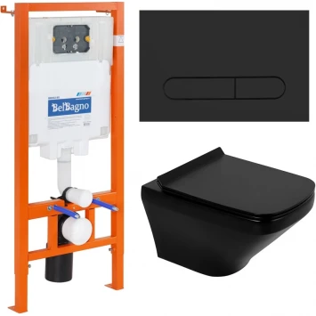 Комплект инсталляция с унитазом BelBagno Prospero BB3201CHR-MB/BB3201SC-MB/BB002-80/BB007-PR-NERO.M с кнопкой смыва,черный матовый + унитаз подвесной BelBagno Sela безободковый, с сиденьем микролифт, черный матовый