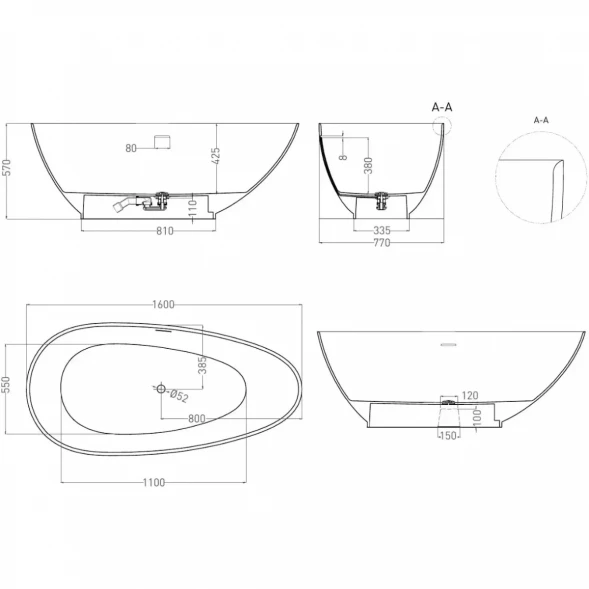 Ванна из литьевого мрамора Salini S-Sense Paola Classic 101511GF 160x77 см, отдельностоящая, покраска по RAL глянец полностью