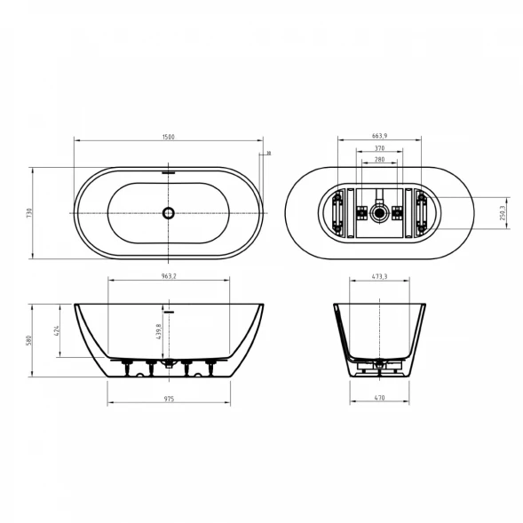 Акриловая ванна BelBagno Uno BB701-1500-730-K 150x73 см, отдельностоящая, белый