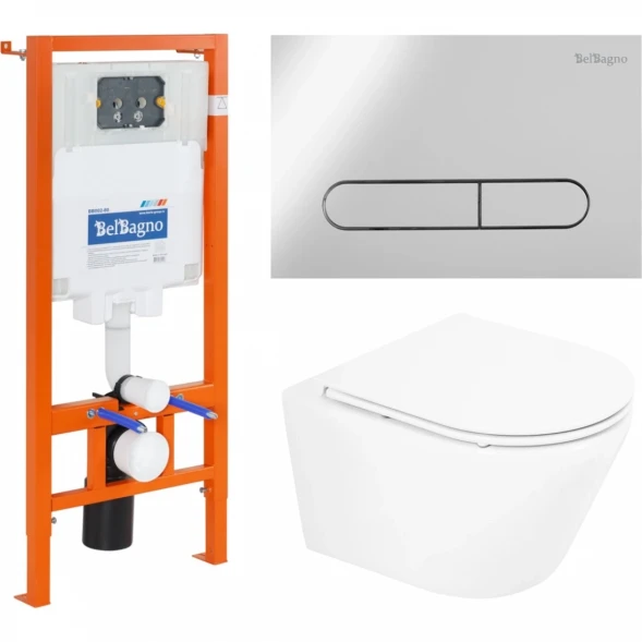 Комплект инсталляция с унитазом BelBagno Prospero BB8001CHR/SC/BB002-80/BB005-PR-CHROME с кнопкой смыва, хром + унитаз подвесной BelBagno Tre безободковый, с сиденьем микролифт, белый