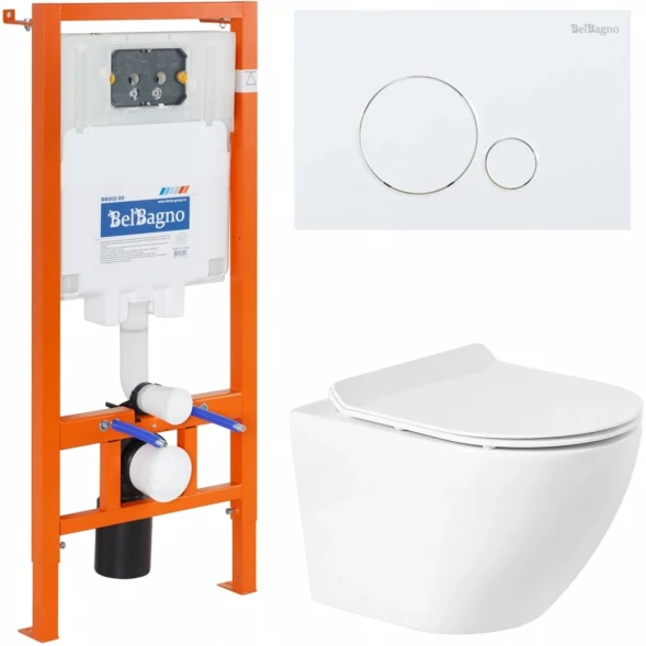 Комплект инсталляция с унитазом BelBagno Sfera BB046CHR/BB2111SC/BB002-80/BB014-SR-BIANCO с кнопкой смыва, белый + унитаз подвесной BelBagno Sfera-R безободковый, с сиденьем микролифт, белый