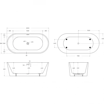 Акриловая ванна BelBagno BB416-2000-850 200x85 см, отдельностоящая, белый