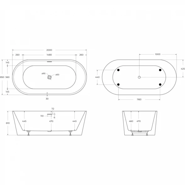 Акриловая ванна BelBagno BB416-2000-850 200x85 см, отдельностоящая, белый