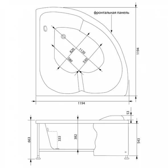 Акриловая ванна 119,4x119,4 см Aquanet Fregate 00205488