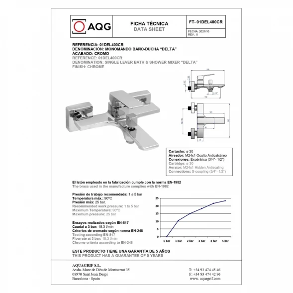 Смеситель для ванны AQG Delta 01DEL419CR с душевым гарнитуром, хром